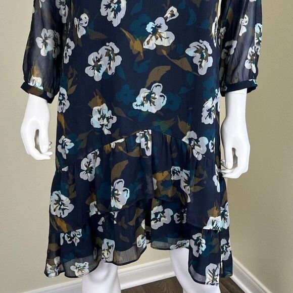 Cabi Women's Size S Blue Floral Sheer Pirouetee Drop Waist Teired Midi Dress - Picture 4 of 16